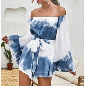 Flared Sleeve Off the Shoulder Tie Dye White Blue Boho Short Romper Belted